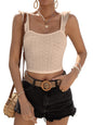 Sugathari Girls & Womens Beige Eyelet Embroidery Knitted Scoop Neck Casual Slim Fit Women T-Shirt, Sleeveless Schiffli Crop To