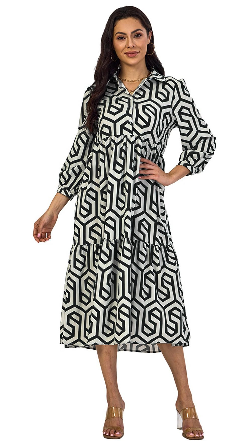Shasmi Women & Girls Solid Black Geometric Print Collared Dress With Long Cuffed Sleeves, Panelled Hem And A Button-Up Front Gat