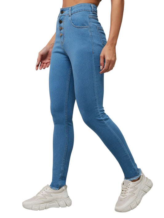 Dolce Crudo Womens Skinny Solid High Rise Cropped Fringed Hemline Detailing Stretchable Denim Jeans (DOSS25DEN68-41-319-28, Mid
