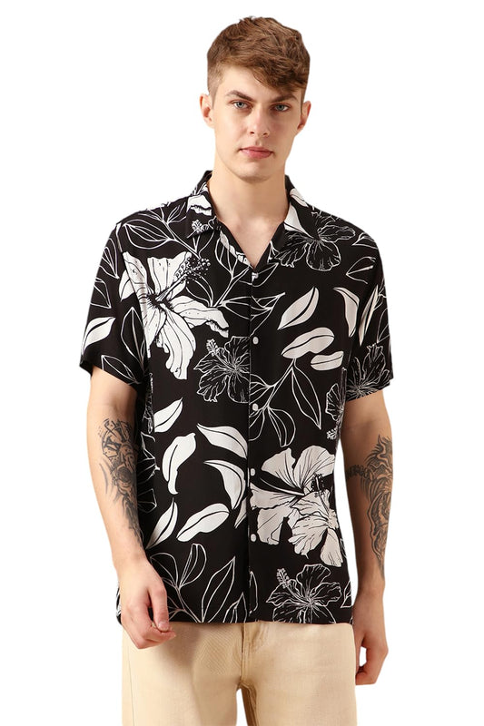 Dennis Lingo Men Black Rayon Half Sleeve Cuban Collar Printed Shirts_Dlmshsp24001