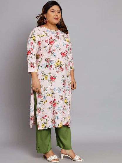 Tissu Women's Plus Size Pink & Red Floral Printed Kurta with Palazzo