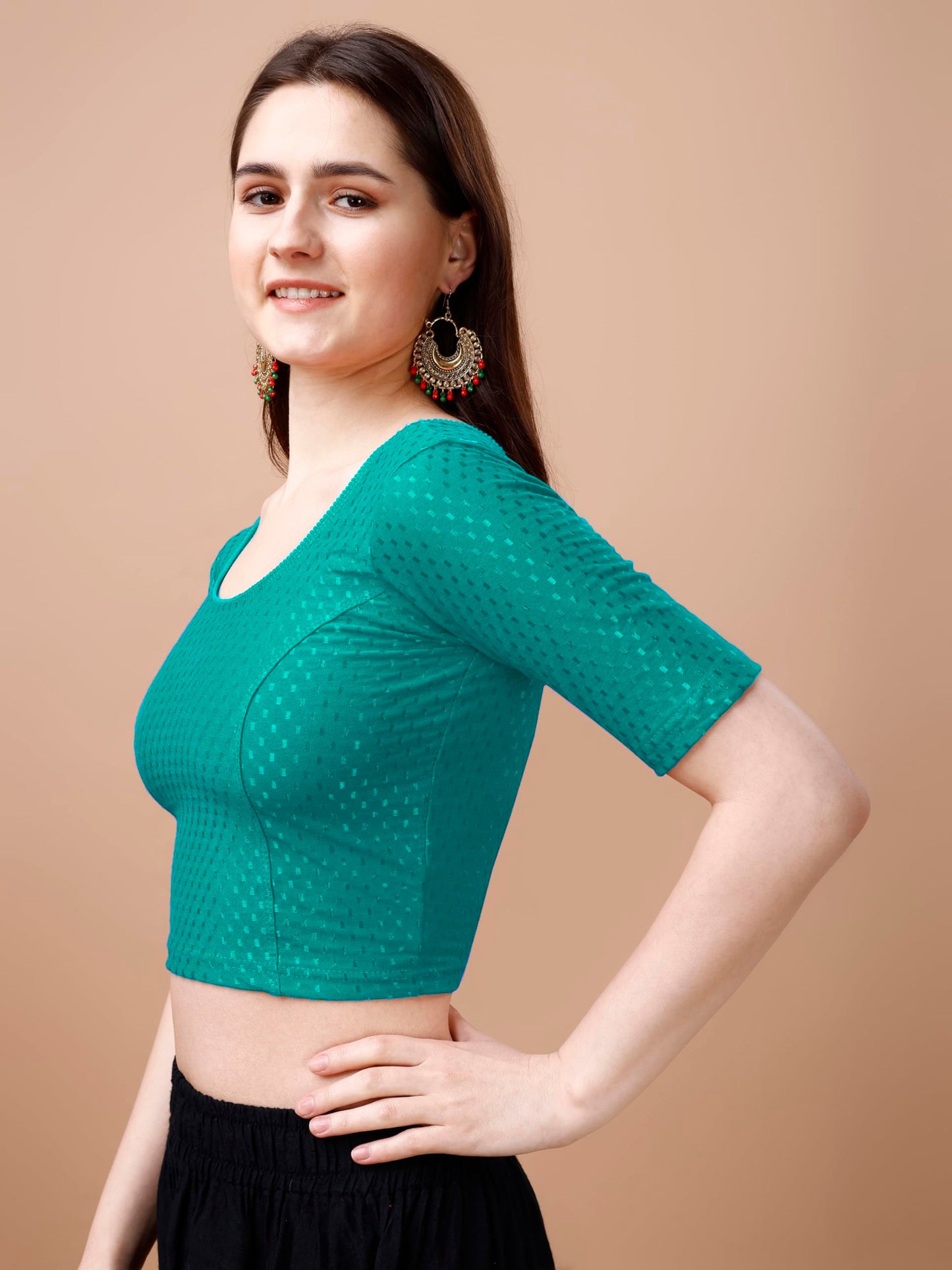 Pujia Mills WomenS Readymade Dobby Cotton Lycra Stretchable Round Neck Half Sleeve Blouse Fancy Rama Color Lycra Stretchable Bl