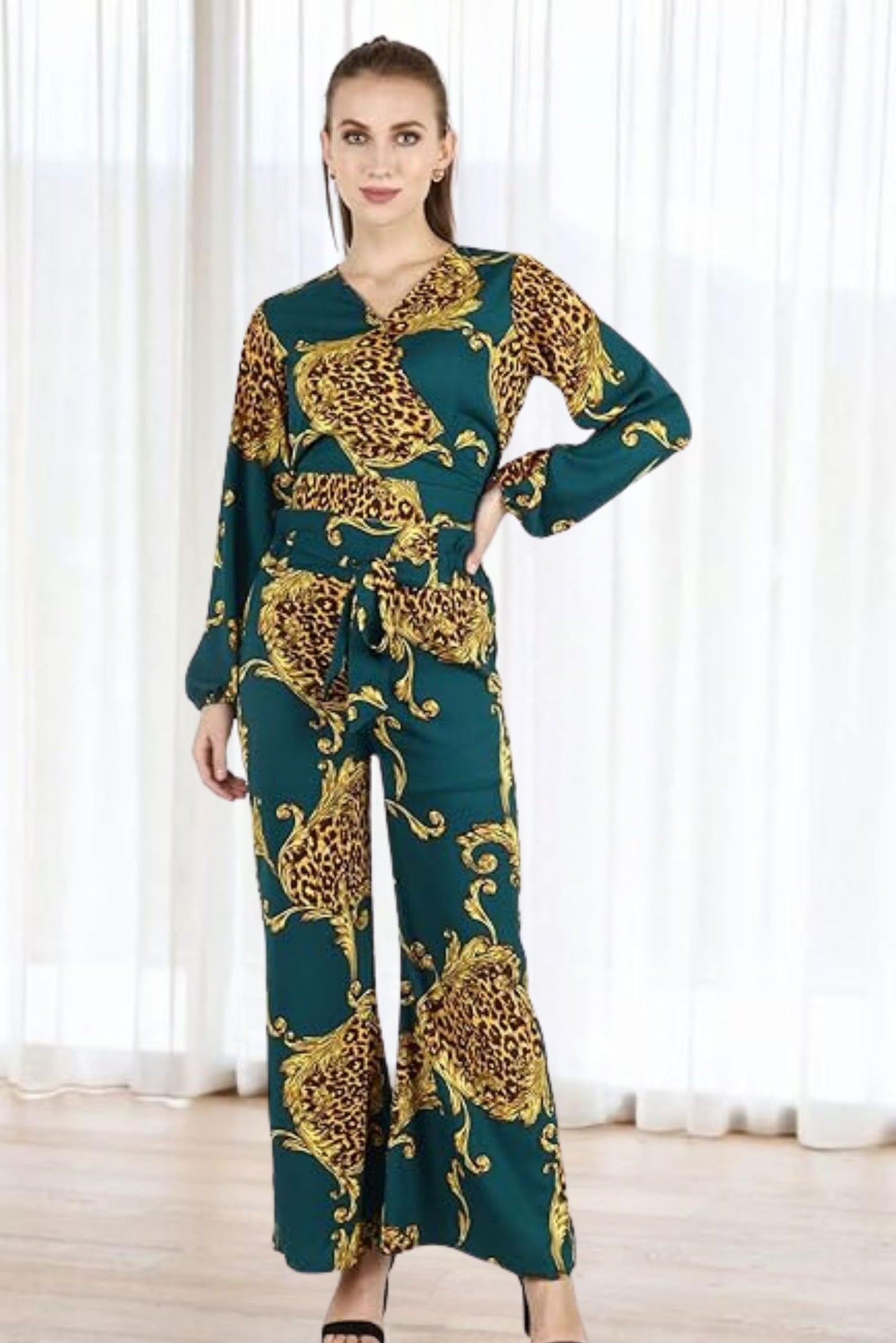 Popwings Women Casual Animal Green Printed Top and Trouser Co-Ords Set | Top and Bottom Set For Women