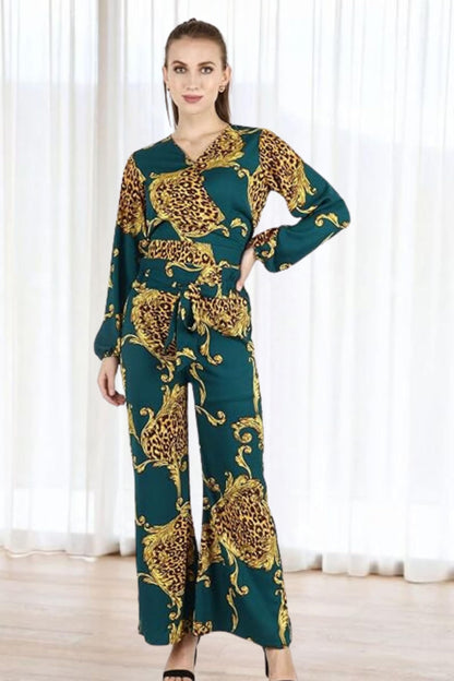 Popwings Women Casual Animal Green Printed Top and Trouser Co-Ords Set | Top and Bottom Set For Women