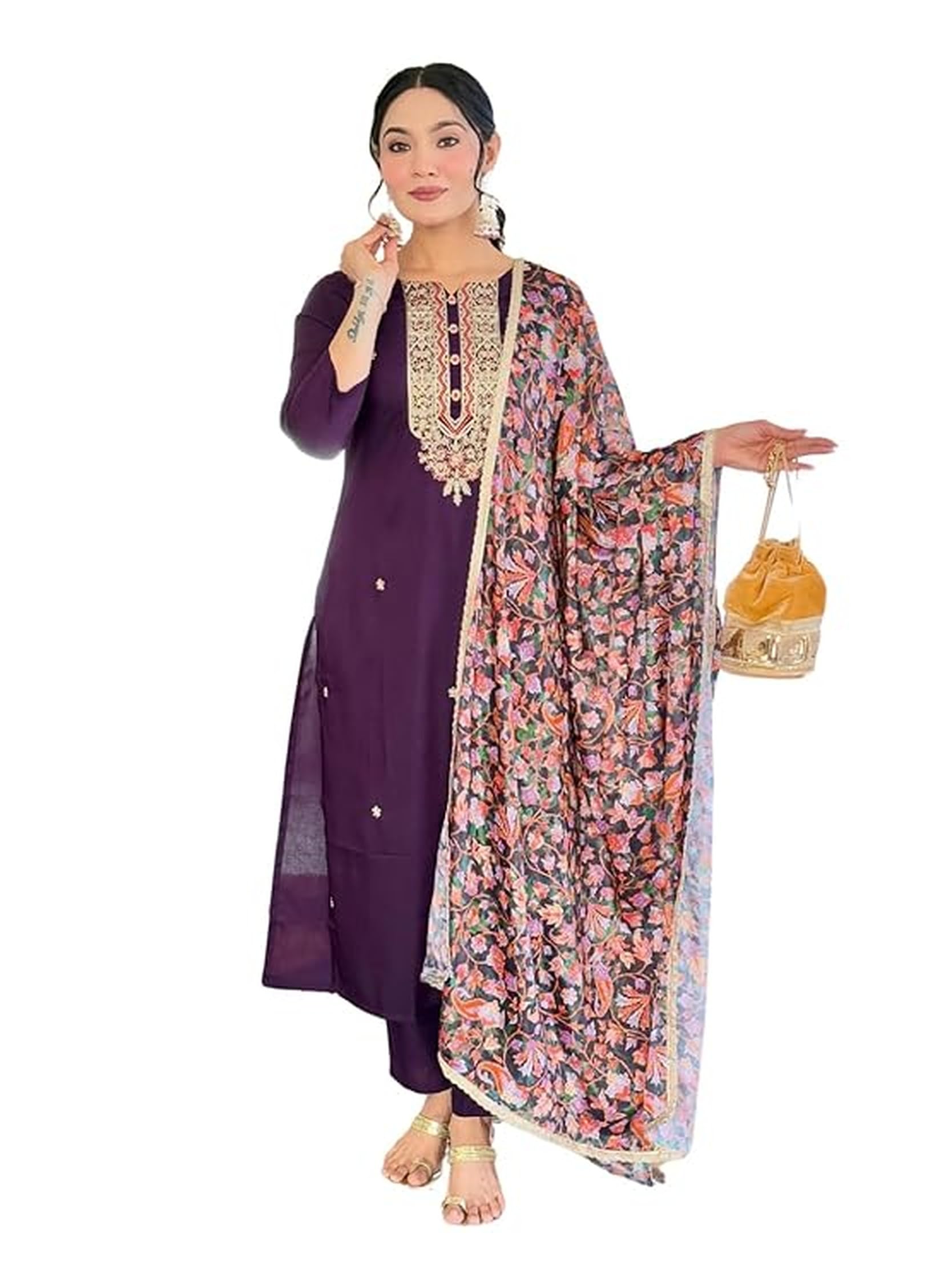 Naixa WomenS Wine Rayon Embroidered Straight Kurta With Rayon Pant And Silk Chiffon Embroidered Laced Dupatta Sets (Nx-620-Wine