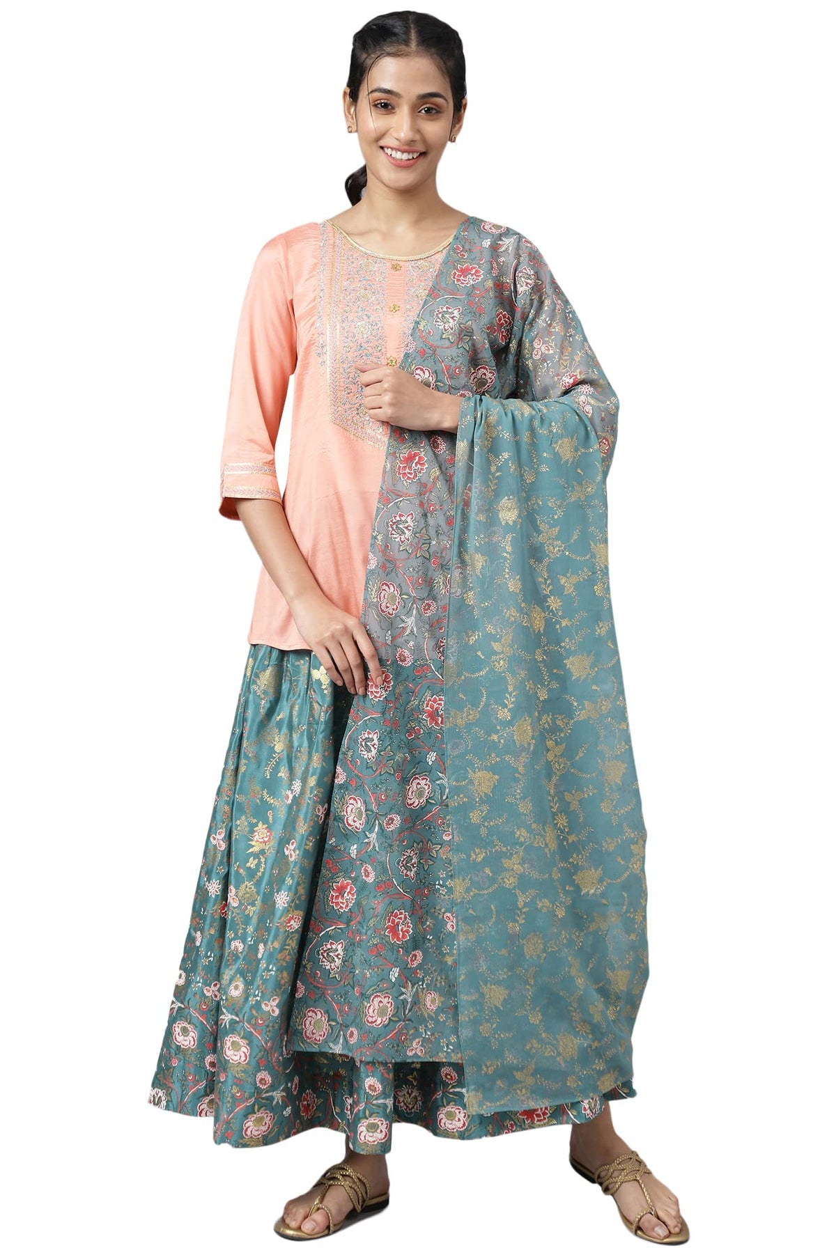 Aurelia WomenS Liva Peach Embroidered Top With Green Skirt And Dupatta_22Aud10486-604496_M