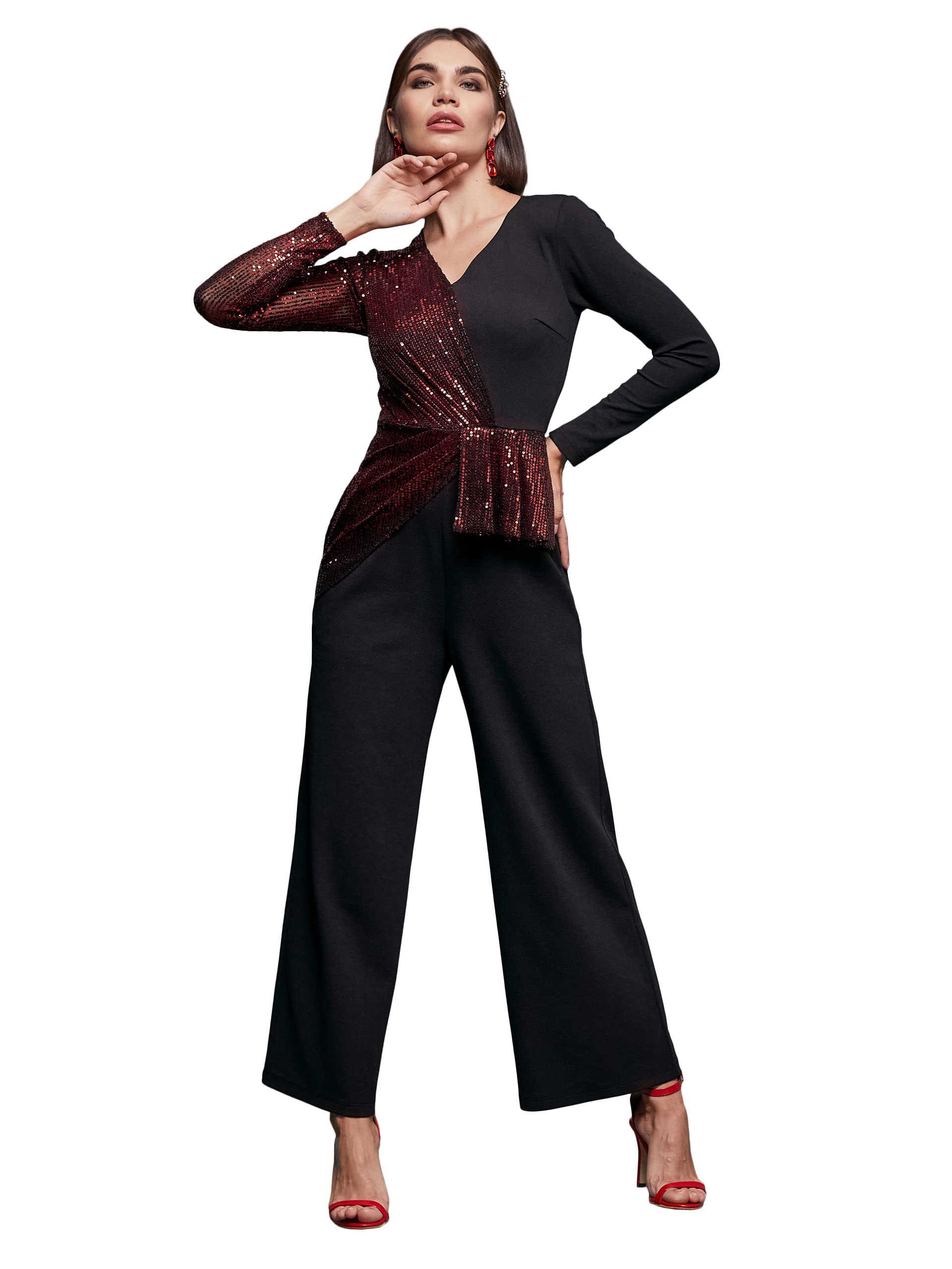 Miss Chase WomenS V-Neck Full Sleeve Embellished Asymmetric Regular-Length Polyester Jumpsuit (Mcaw22D15-54-215-04, Black, M)