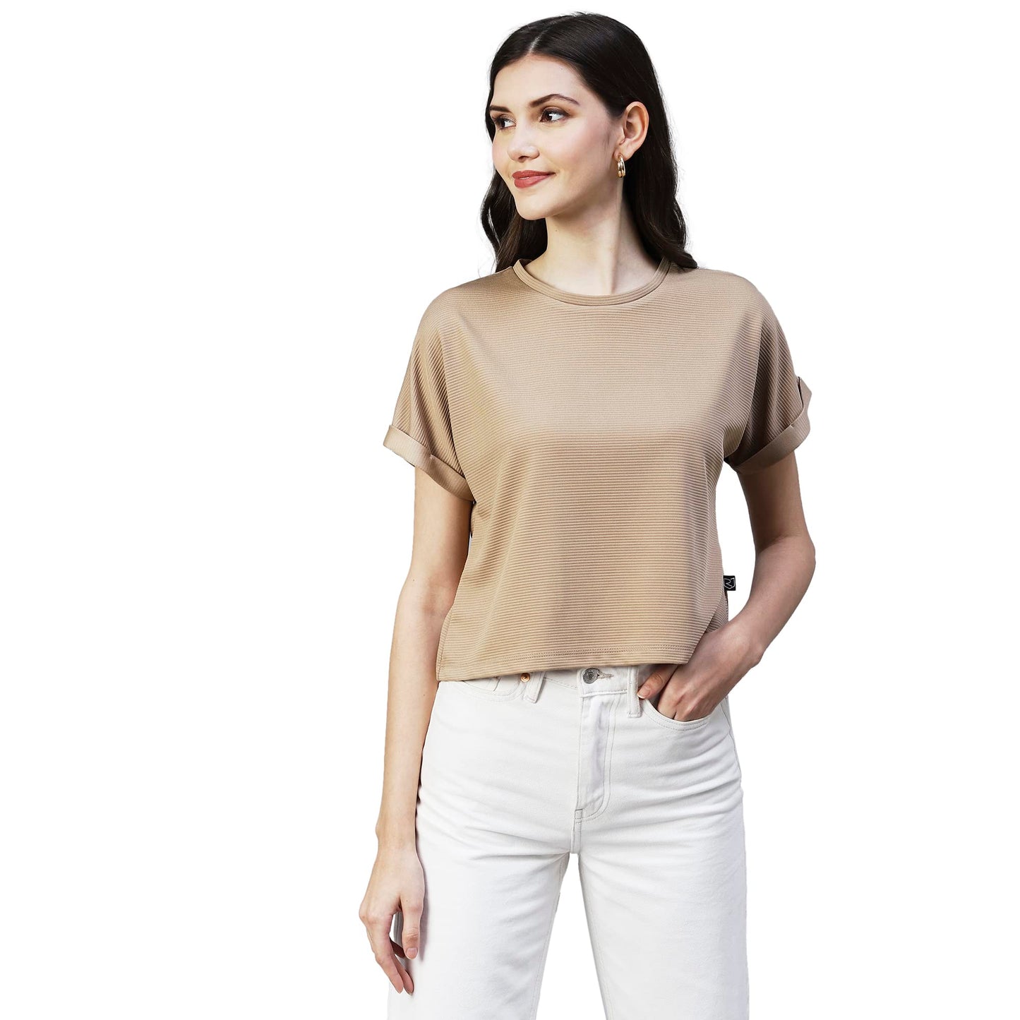 Rigo Women Beige Cap Sleeves Poly Corduroy Crop Top
