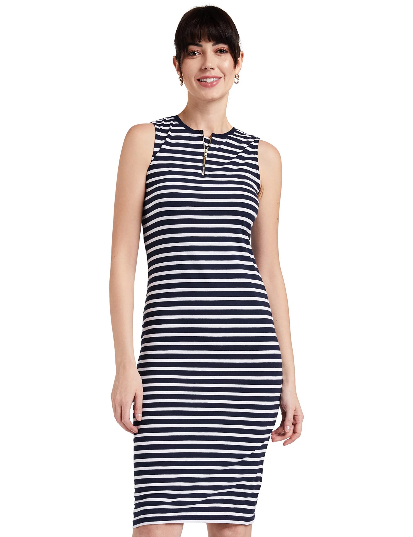 Miss Chase WomenS Comfortable Sleeveless Striped Midi Bodycon Dress With Zipper | 3 Colors(Mcss17D07-87-21-06,Navy And White,X-
