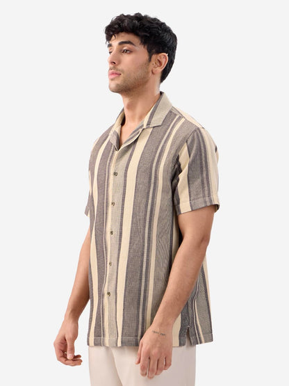 The Souled Store Macaroon Men and Boys Short Sleeves Collared Neck Button Front Multicolor Striped Cotton Textured Shirts