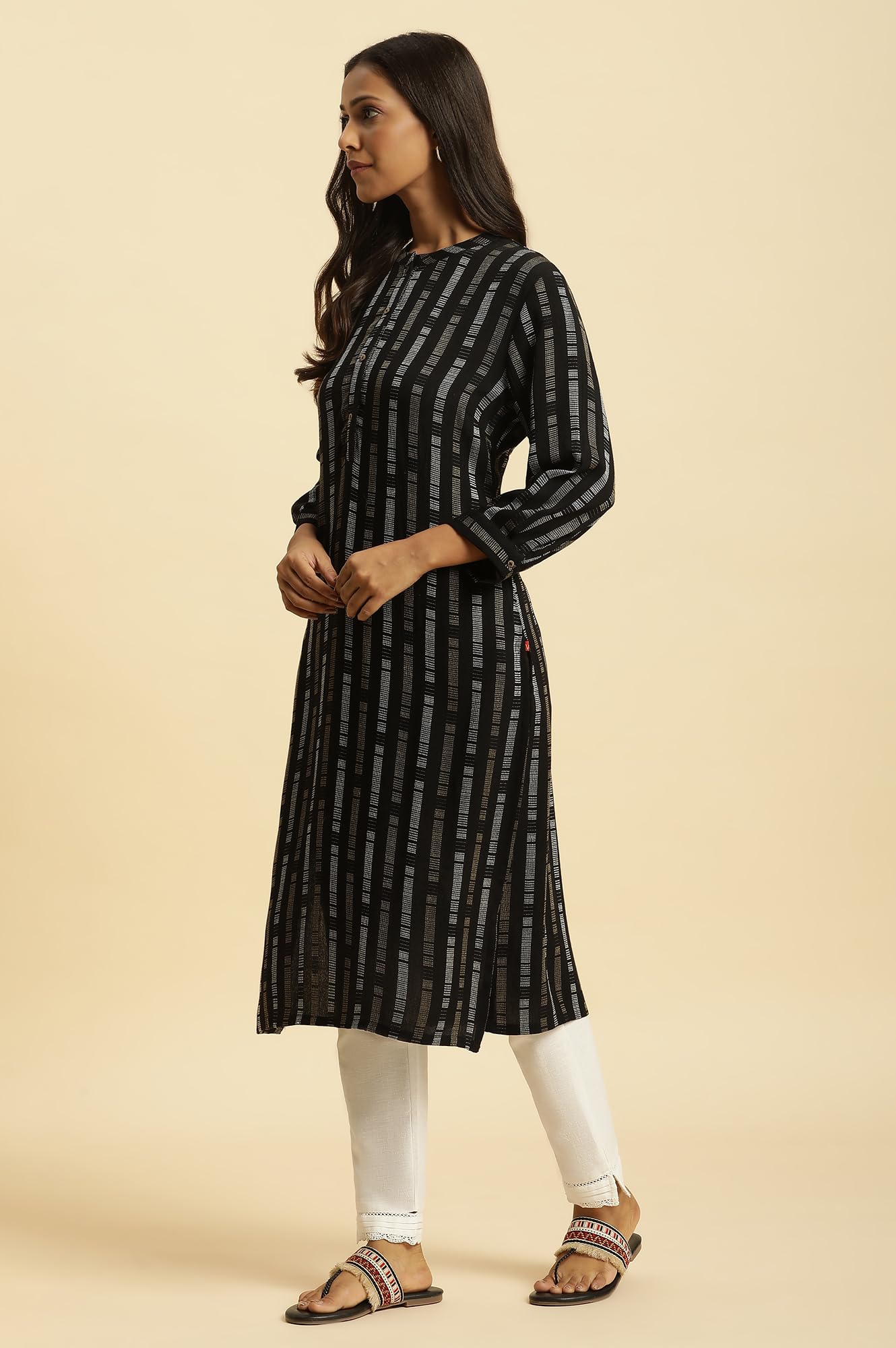 W Black Geometric Printed Straight Long Rayon Kurta For Women