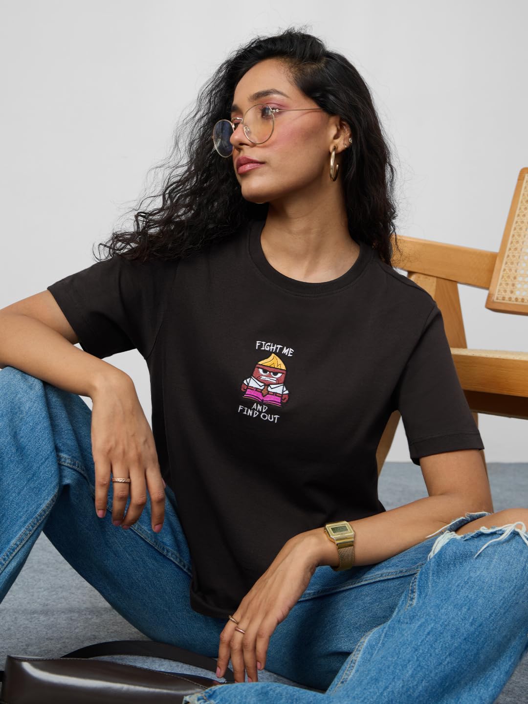 The Souled Store Inside Out: Fight Me Women and Girls Short Sleeves Round Neck Brown Embroidered Cotton Relaxed Fit T-Shirts