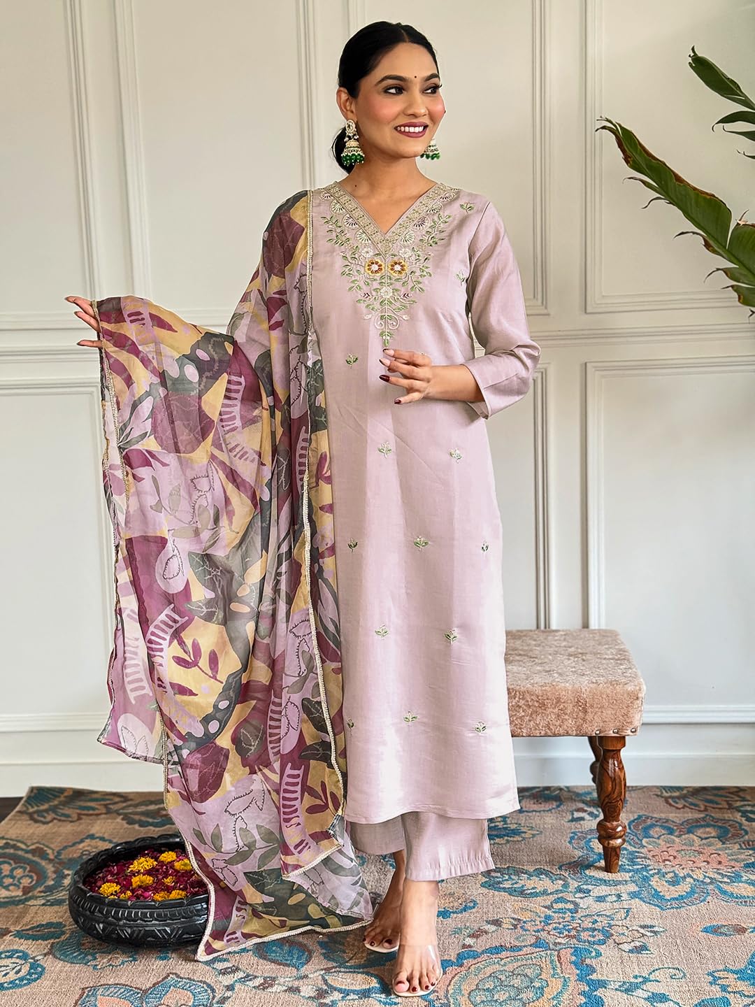 Naixa WomenS Beige Chanderi With Cotton Lining Embroidered Straight Kurta With Chanderi Pant And Taby Printed Dupatta Sets (Nx-