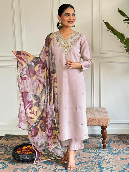 Naixa WomenS Beige Chanderi With Cotton Lining Embroidered Straight Kurta With Chanderi Pant And Taby Printed Dupatta Sets (Nx-