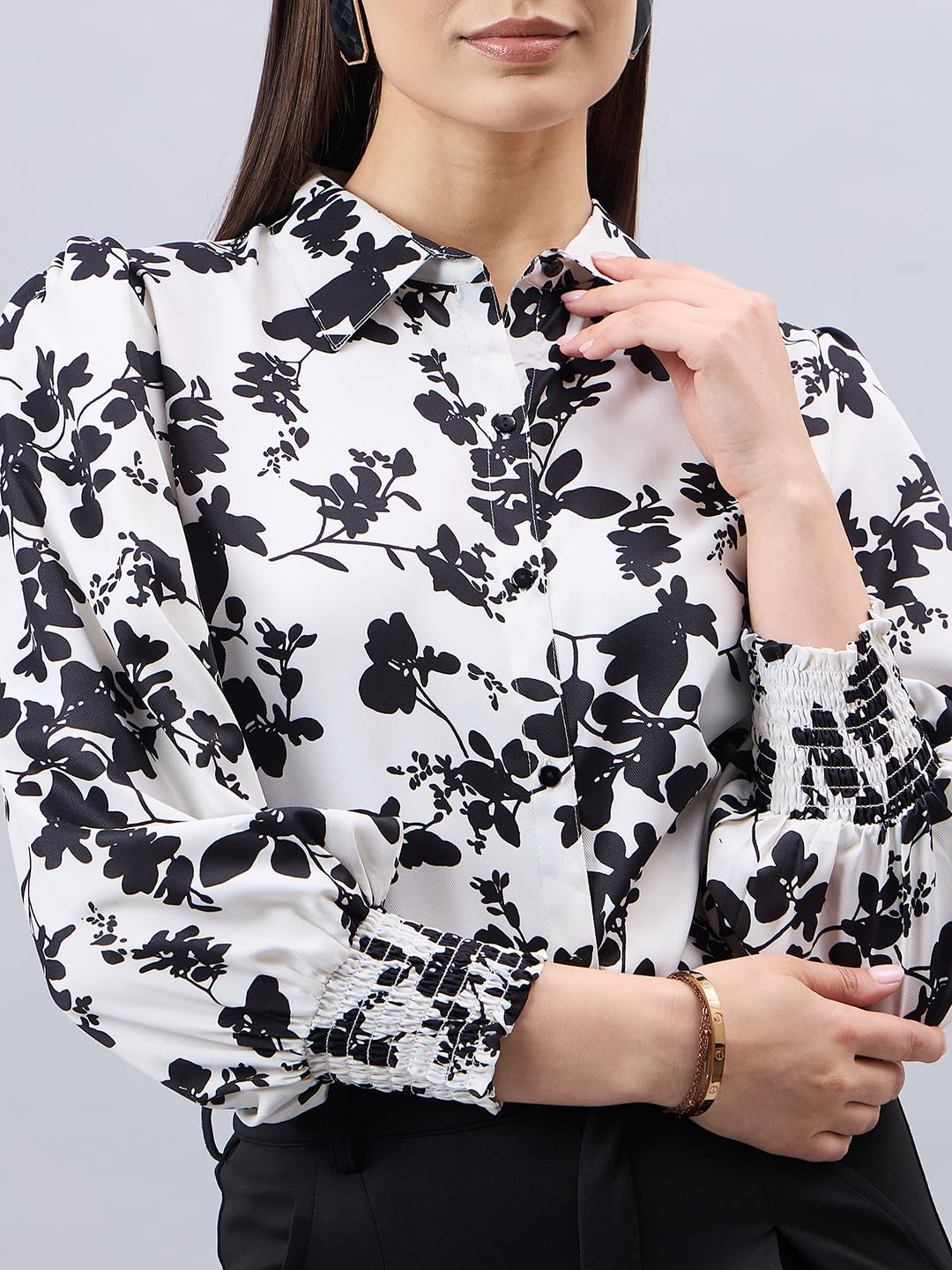 Style Quotient Women Black and White Floral Printed Polyester Regular Fit Smart Casual Shirt