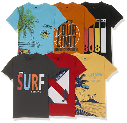 T2F Boys Cotton Printed Regular Fit T-Shirt (Pack of 6)