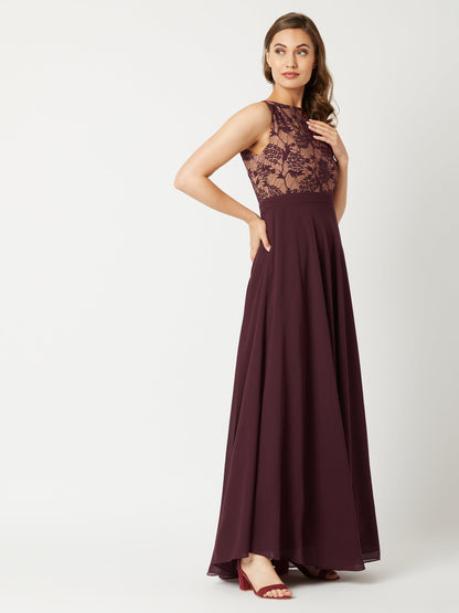 Miss Chase Womens Beige & Wine Round Neck Sleeveless Georgette Floral Lace Fit & Flare Maxi Dress (Mcaw19D08-57-217_Beige & Wine