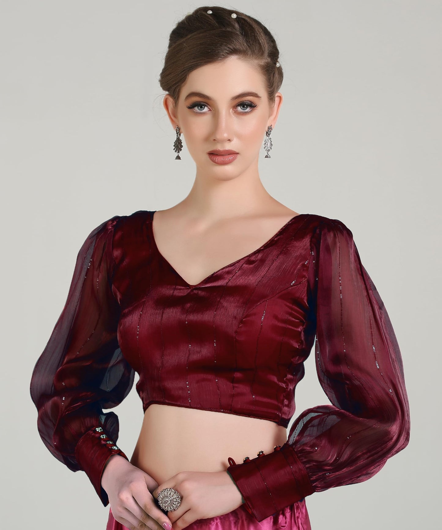 Pujia Mills Woman Wine Designer Zimi Chu Slub Shining Material With Sequnace Work Blouse