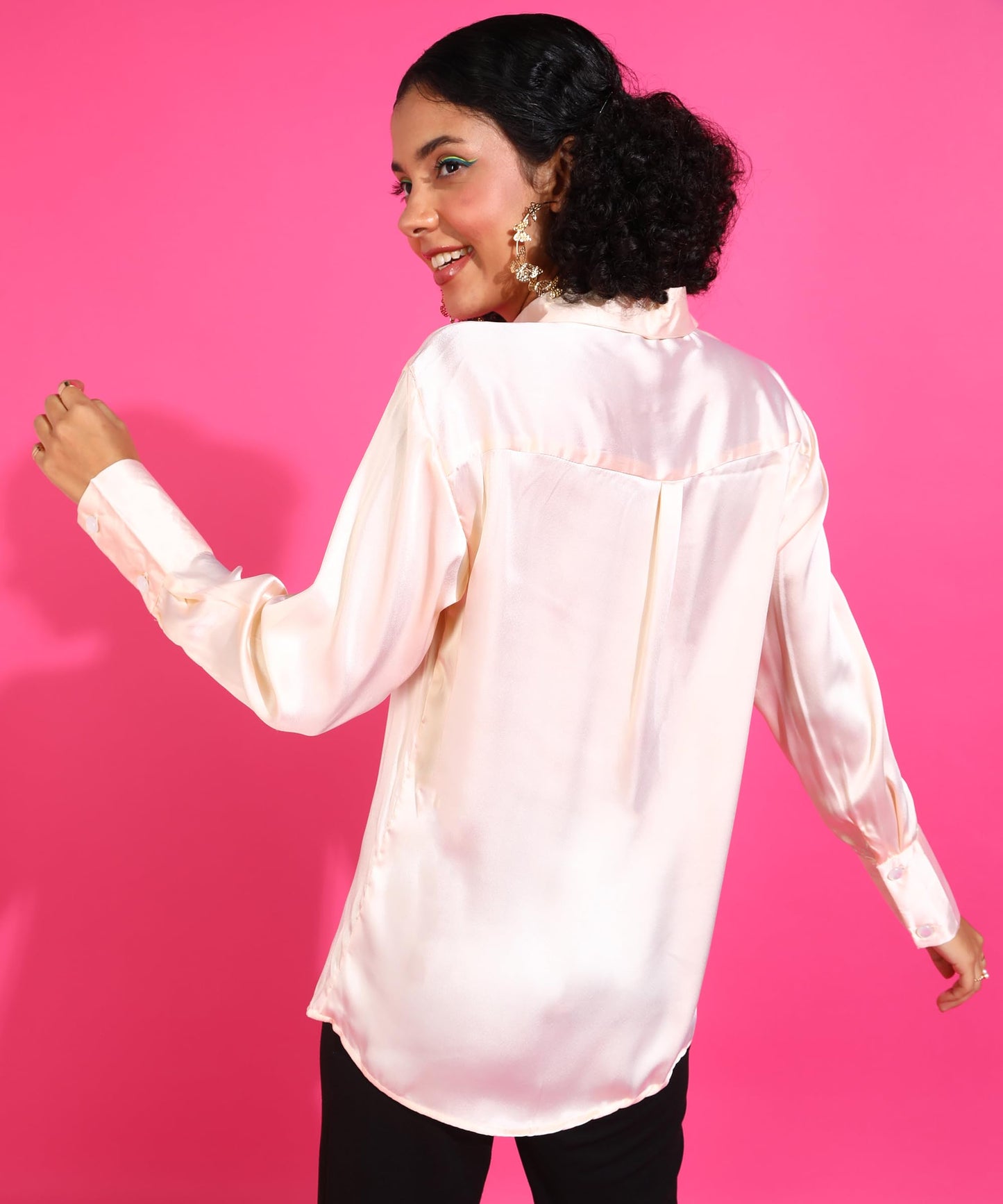 POPWINGS Women Polyester Solid Satin Shirt | Satin Shirts Stylish Western| Regular Fit and Full-Sleeves Casual and Semi-Formal S
