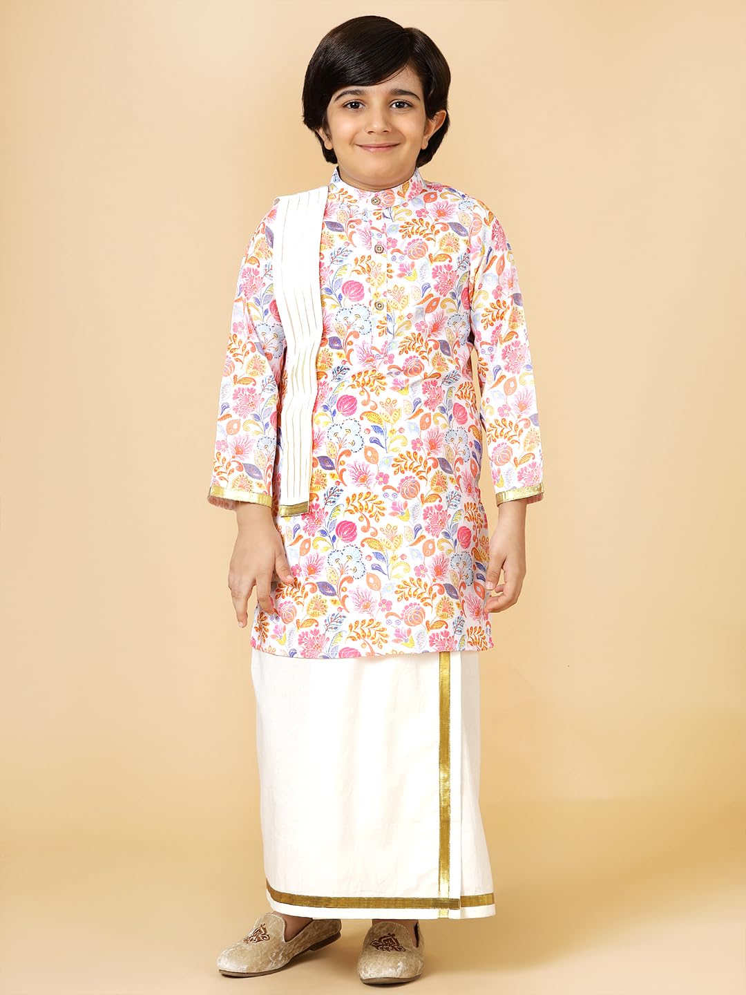 A.T.U.N. (ALL THINGS UBER NICE) Boys Rouge Floral Printed Kurta with Elasticated Mundu with Underneath Shorts Set