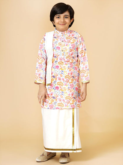 A.T.U.N. (ALL THINGS UBER NICE) Boys Rouge Floral Printed Kurta with Elasticated Mundu with Underneath Shorts Set