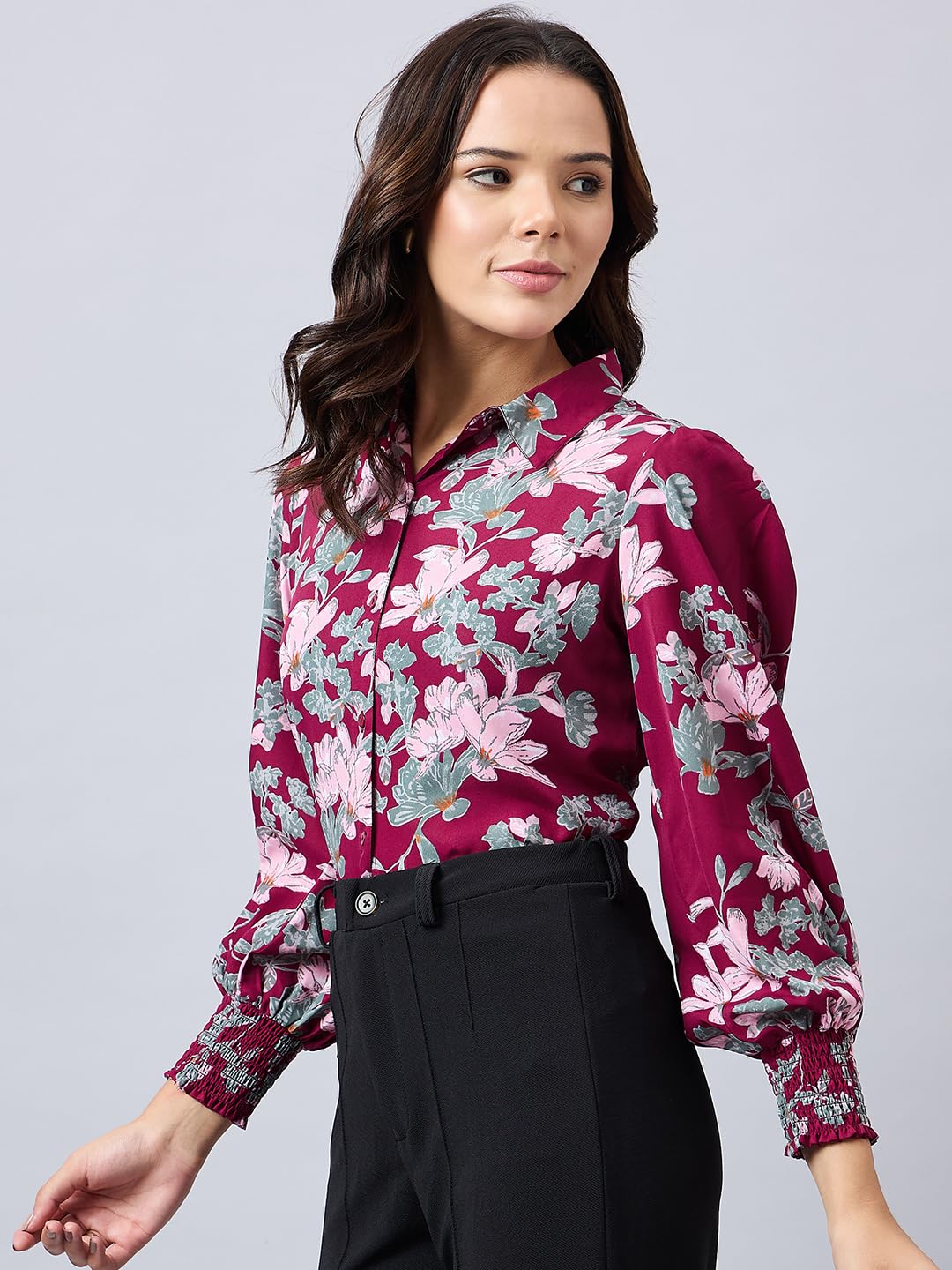 Style Quotient Women Maroon and Multi Floral Printed Polyester Regular Fit Smart Casual Shirt