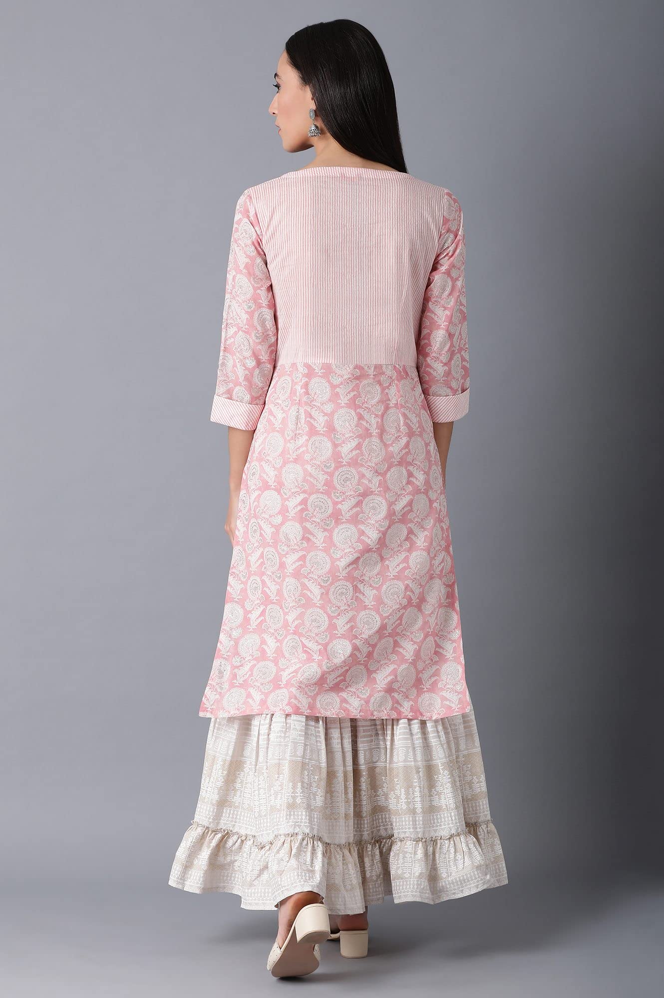 W For Woman Light Pink Floral Printed Cotton Regular Kurta with Sequins