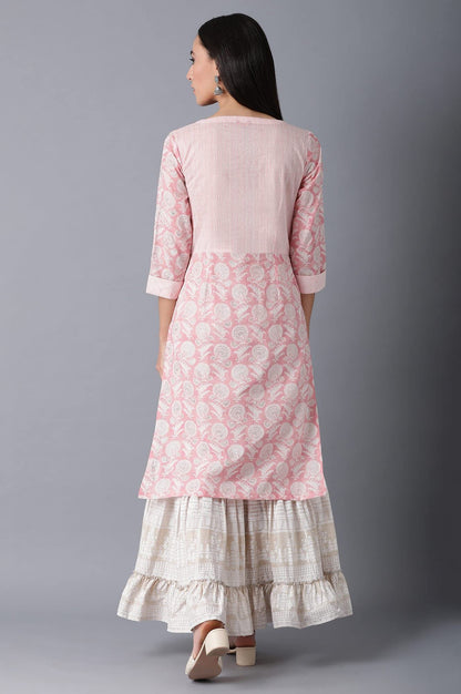W For Woman Light Pink Floral Printed Cotton Regular Kurta with Sequins