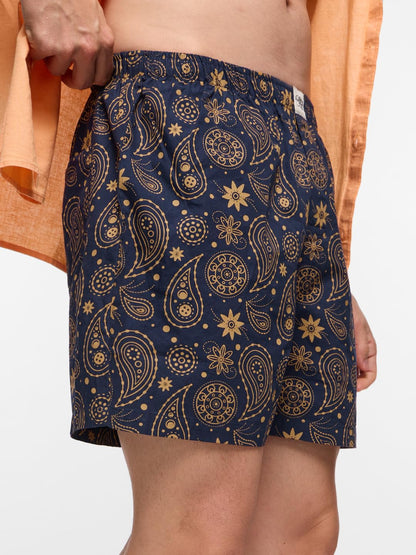 The Souled Store Paisley Men and Boys Pull On Navy Blue All Over Printed Cotton Boxer Shorts