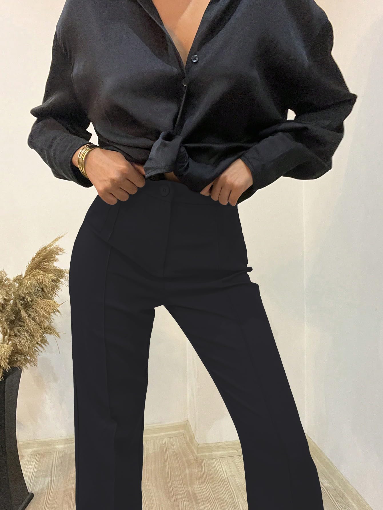 Shasmi Womens Black High Waist Trousers, Seam Detail Straight Leg Pants & Elegant Flared Trousers, Casual & Office Wear, Spring/