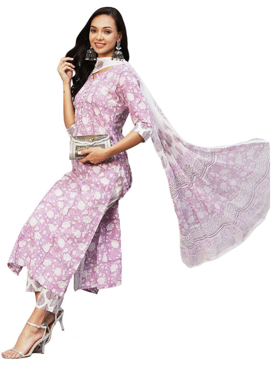 ANNI DESIGNER Women's Cotton Blend Straight Printed Kurta with Pant & Dupatta (Ratnapriya Purple)