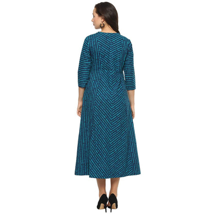 idaLia Pure Cotton 3/4 Sleeve,Round Neck Striped Flared Blue Kurta for Women