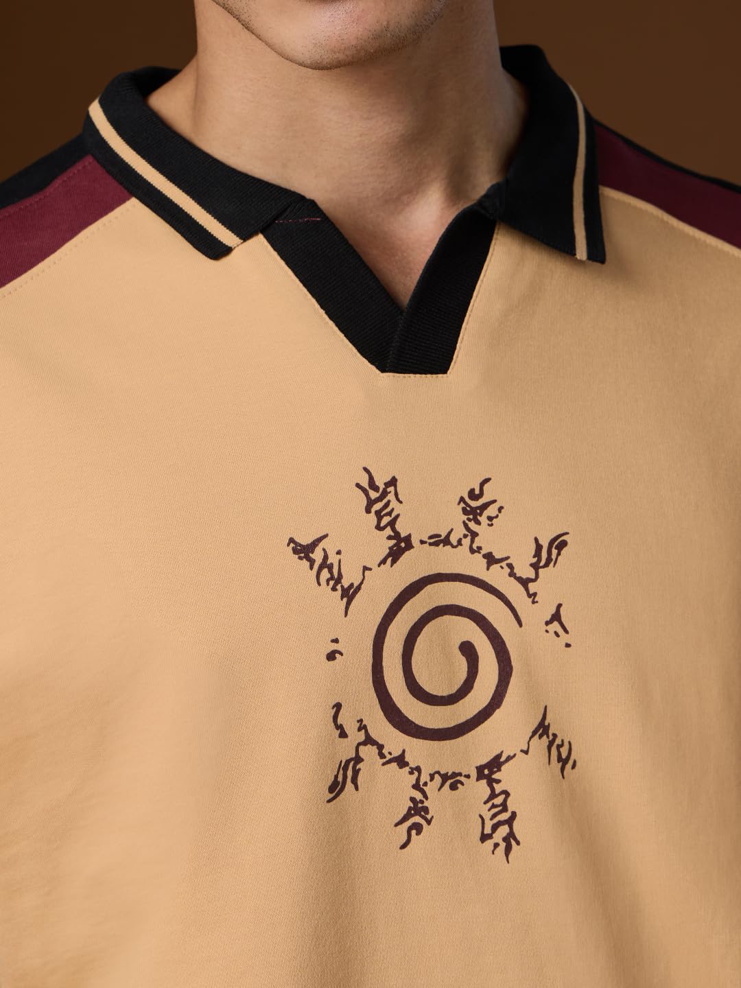 The Souled Store Naruto: Kuramas Fury Men and Boys Short Sleeves Collared Neck Beige Graphic Printed Cotton Oversized Polos