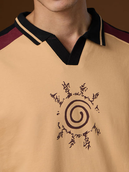 The Souled Store Naruto: Kuramas Fury Men and Boys Short Sleeves Collared Neck Beige Graphic Printed Cotton Oversized Polos