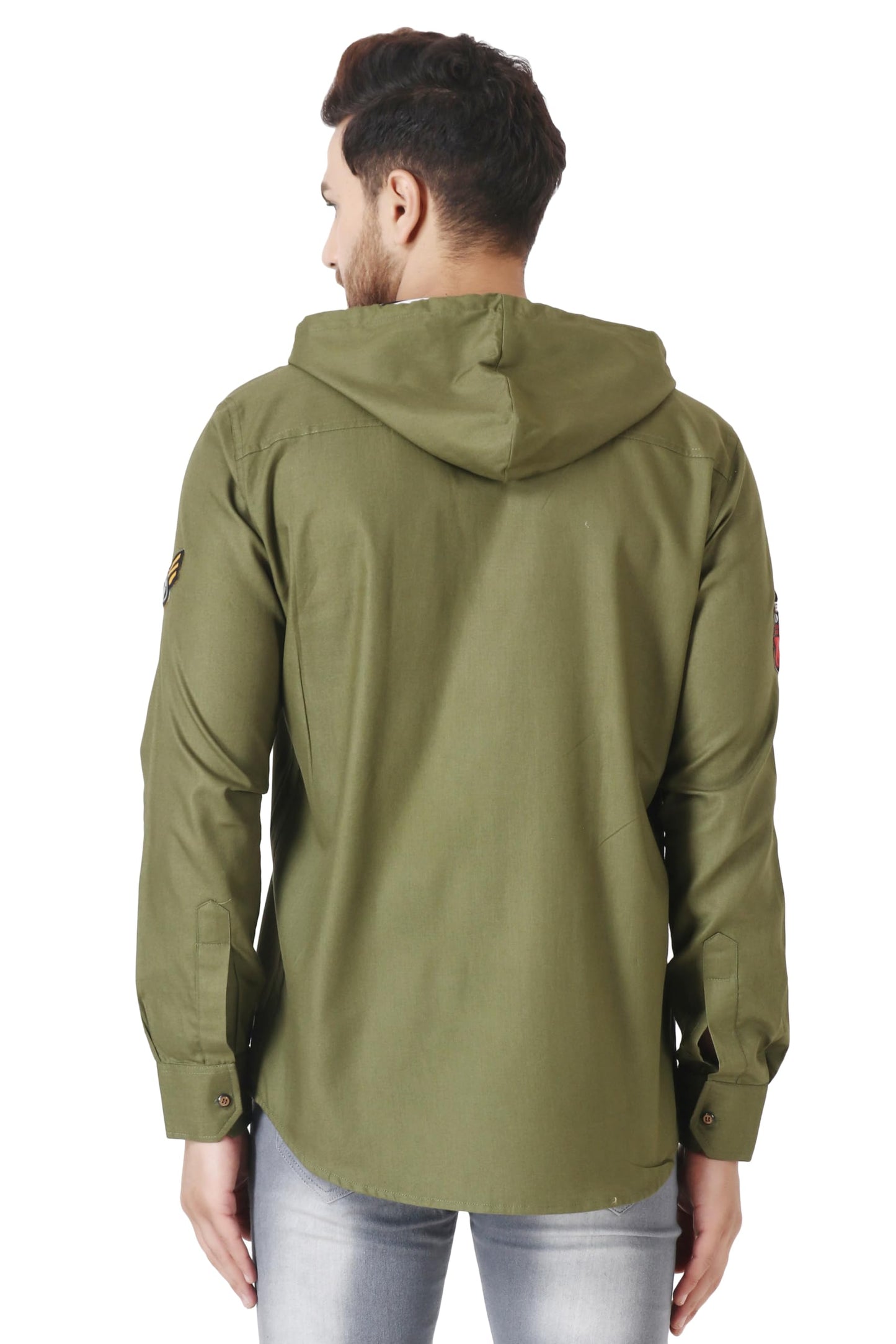 Besix MenS Green Tailored Fit Cotton Blend Shirt For Man With Hoodie - Casual Long Sleeve Shirt With Pockets - Patch Detail For
