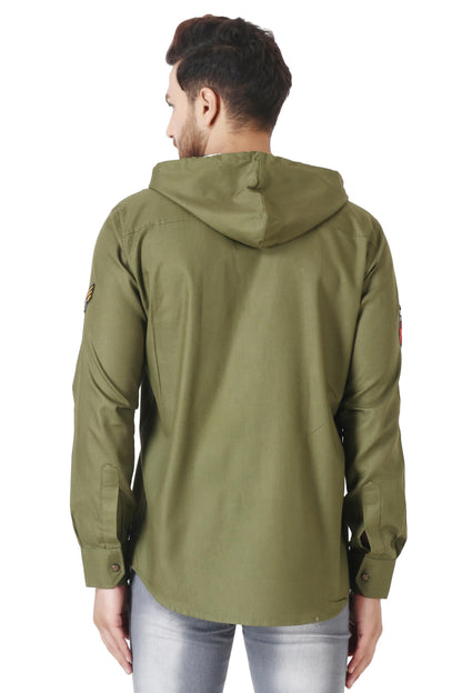 Besix MenS Green Tailored Fit Cotton Blend Shirt For Man With Hoodie - Casual Long Sleeve Shirt With Pockets - Patch Detail For