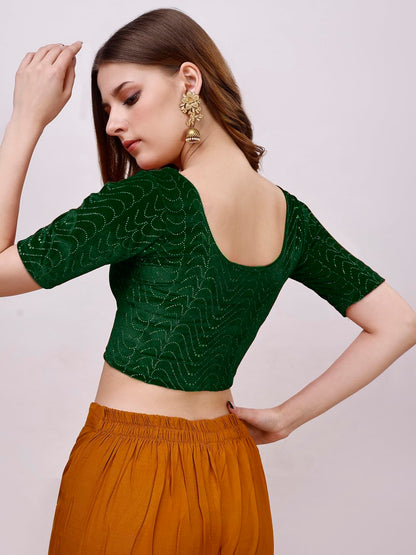 Vihu Fashion WomenS Readymade Hosiery Velvet Lycra Stretchable Round Neck Half Sleeve Blouse With Jari Work Fancy Green Color L
