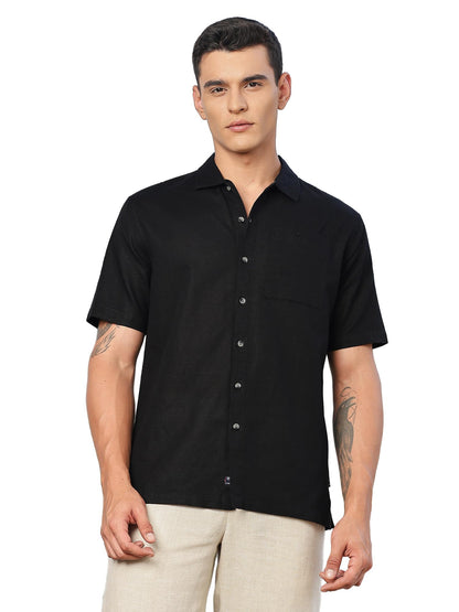 Thomas Scott Mens | Solid | Premium Irish Linen | Half Sleeve | Spread Collar | Casual | Shirt for Men Black