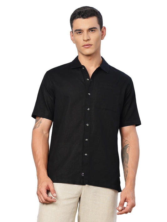 Thomas Scott Mens | Solid | Premium Irish Linen | Half Sleeve | Spread Collar | Casual | Shirt for Men Black