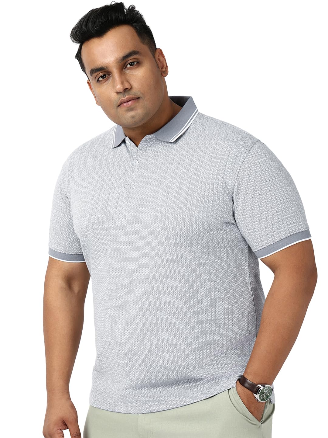 Bewakoof Mens Geometric Print Regular Fit Half Sleeve Jacquard Plus Size Polo T-Shirt_684703_Grey_5XL