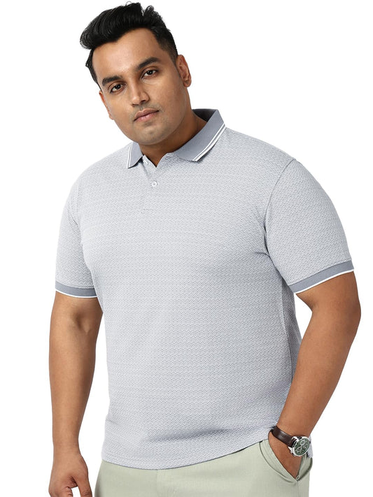 Bewakoof Mens Geometric Print Regular Fit Half Sleeve Jacquard Plus Size Polo T-Shirt_684703_Grey_5XL