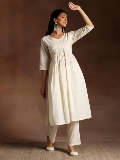 Libas Womens Cotton Embroidered Regular Fit Kurta Set (35214_Off White
