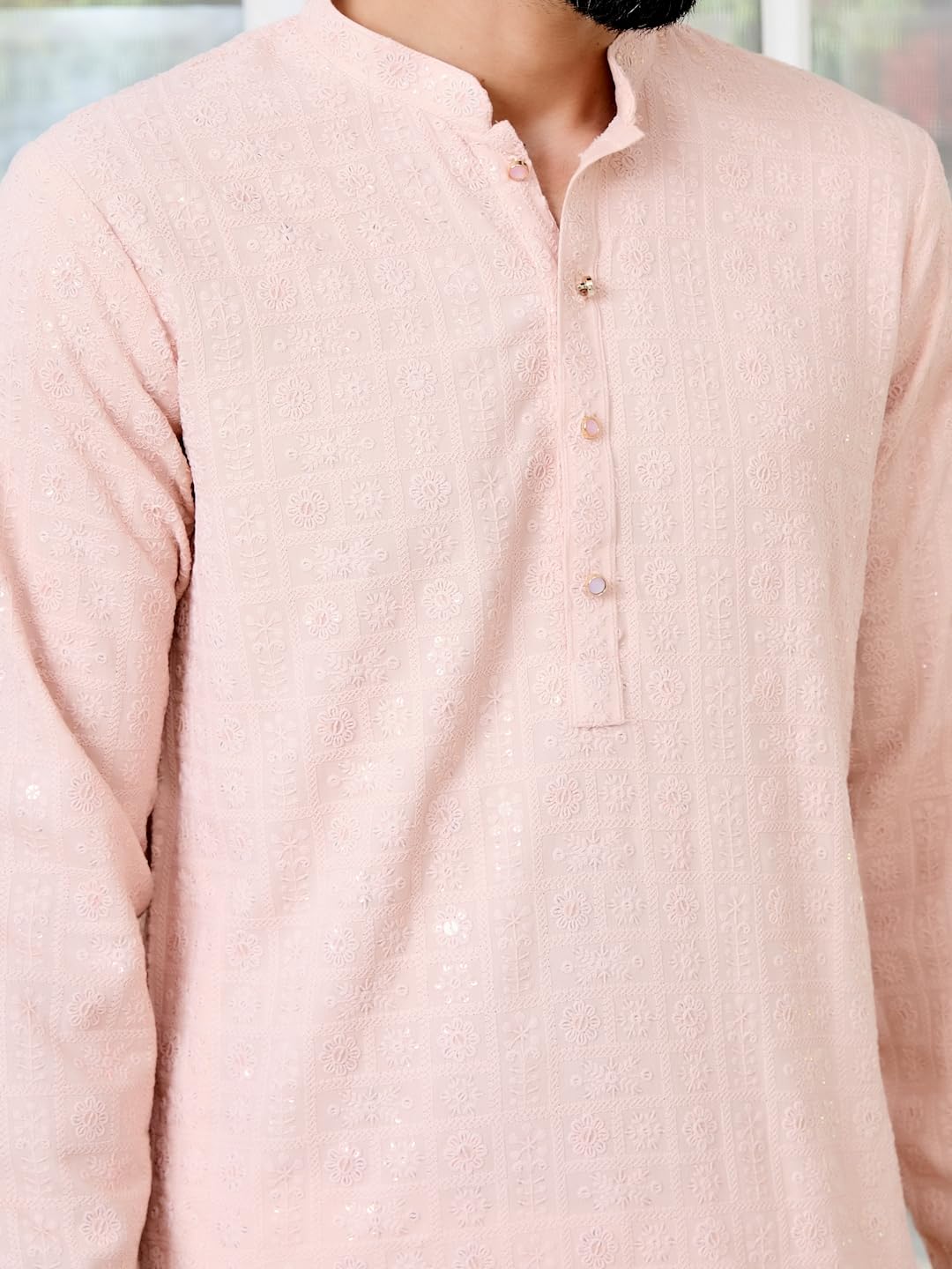 See Designs Mens Full Sleeve Mandarin Collar Men Peach Ethnic Motifs Sequins Embroidered Straight Long Kurta - Festive Collecti