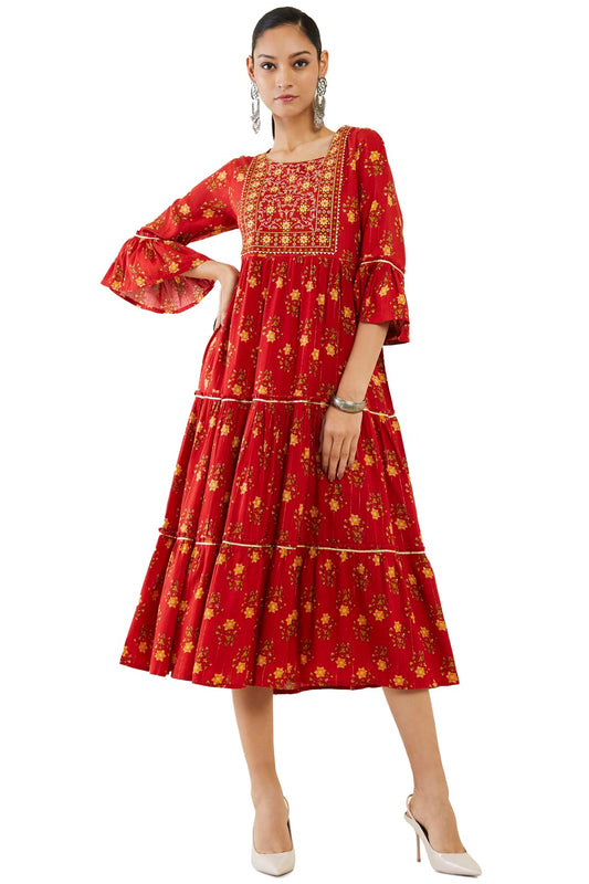 Soch Women Red Rayon Embroidery Kurta