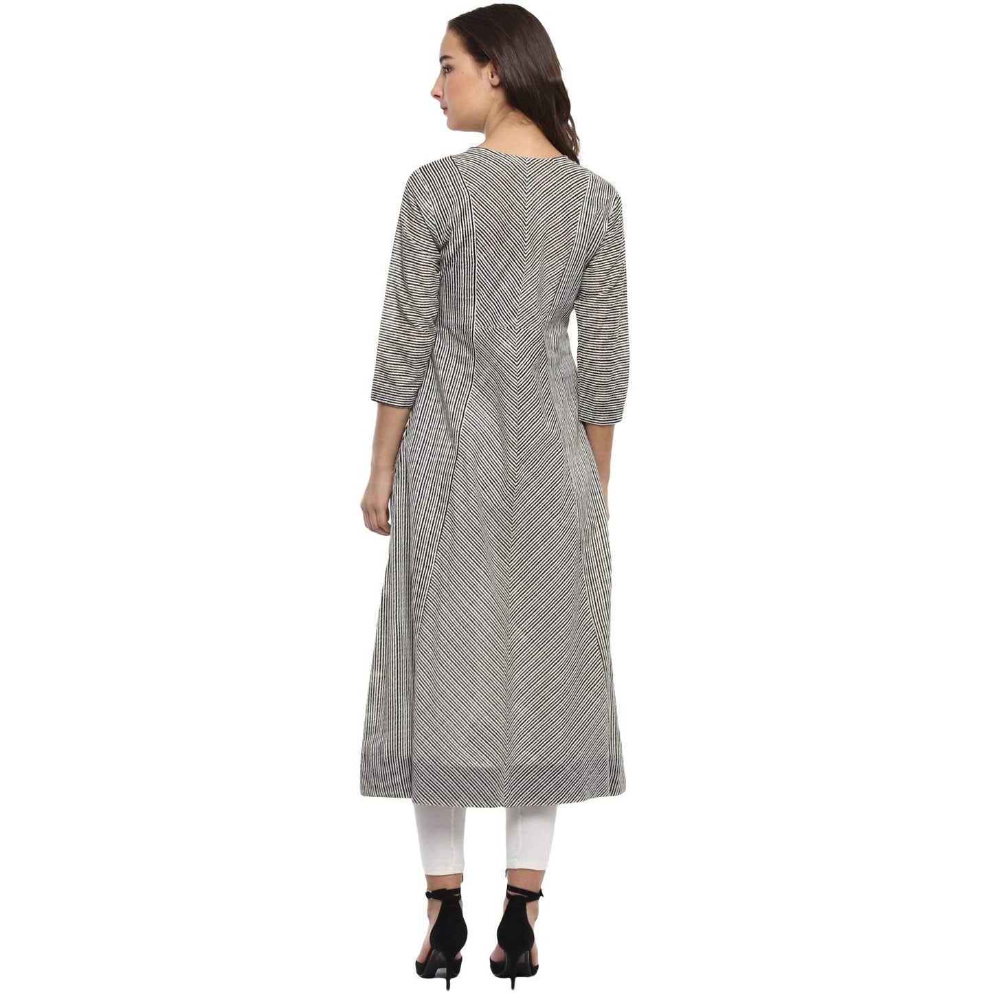 Idalia Striped 3/4 Sleeve,Round Neck Cotton Flared Kurtas For Women Black