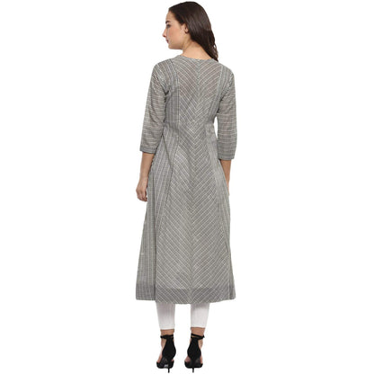 Idalia Striped 3/4 Sleeve,Round Neck Cotton Flared Kurtas For Women Black
