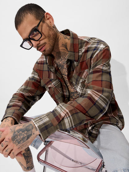 The Souled Store Plaid Originals: Brown, Rust, Black Men and Boys Long Sleeve Collared Neck Regular Fit Cotton Button Down Utili