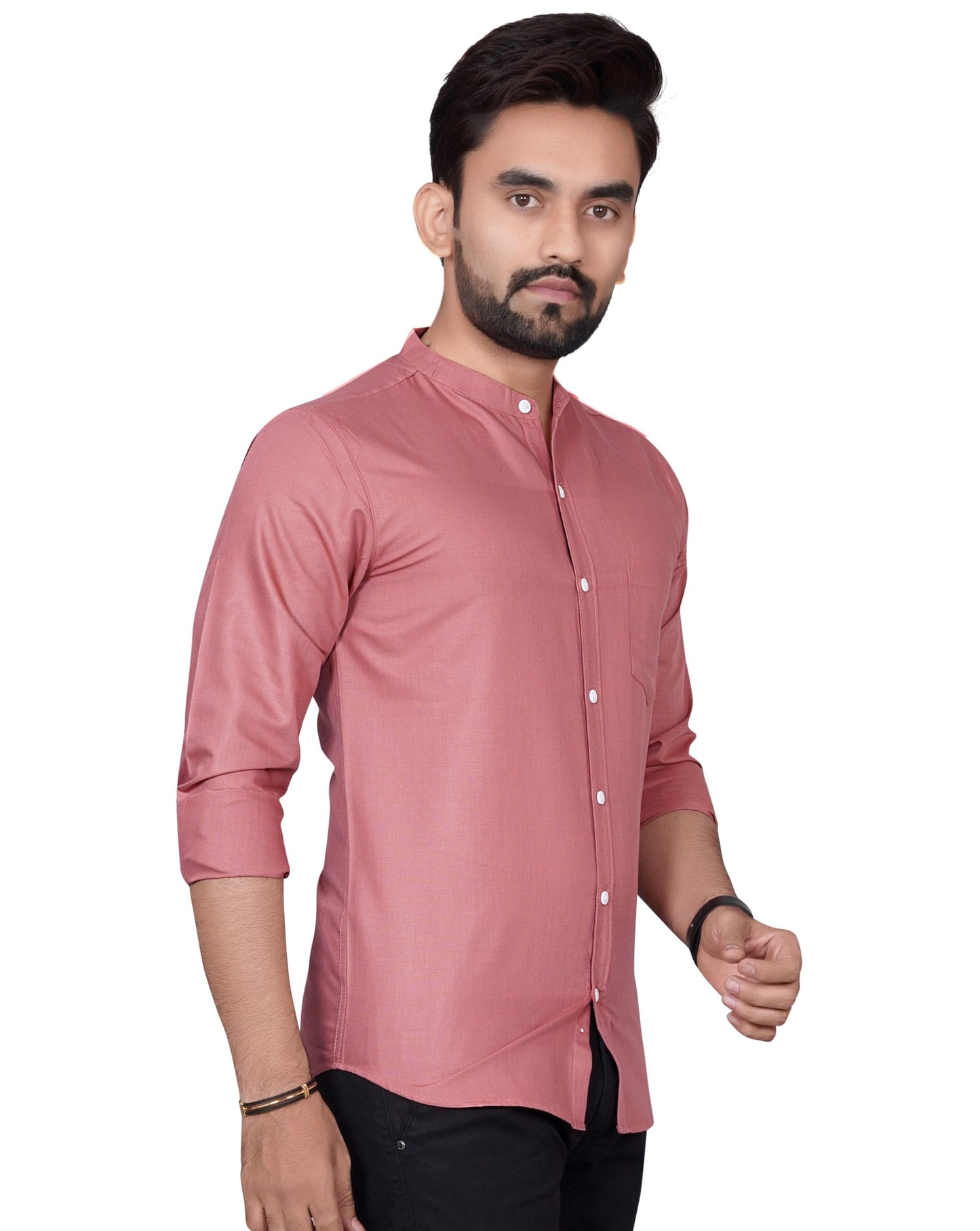 Besix MenS Cotton Solid Shirt With Mandarin Collared Full Sleeve Button Closure Curved Hem Straight Length And One Pocket | Mdr
