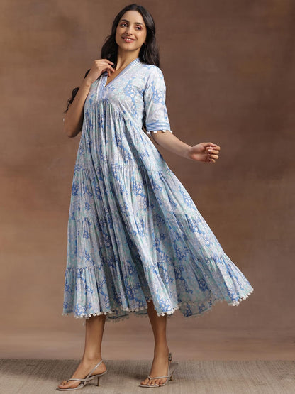 Libas WomenS Cotton Blend A-Line Calf Length Dress (29120Or_Blue