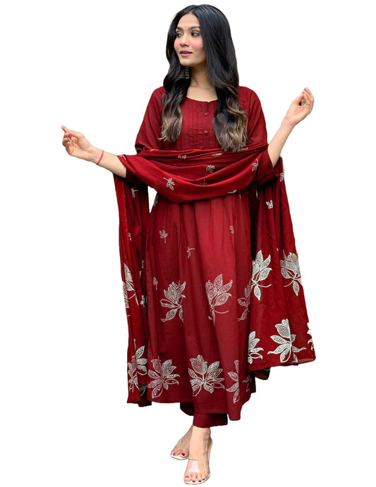 Gosriki WomenS Rayon Viscose Anarkali Printed Kurta With Pant & Dupatta (Gangori Red-Gs_M_Red_Medium)